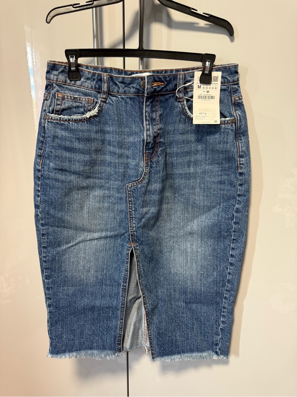 Zara Classic Blue Denim Pencil Skirt with Front Slit